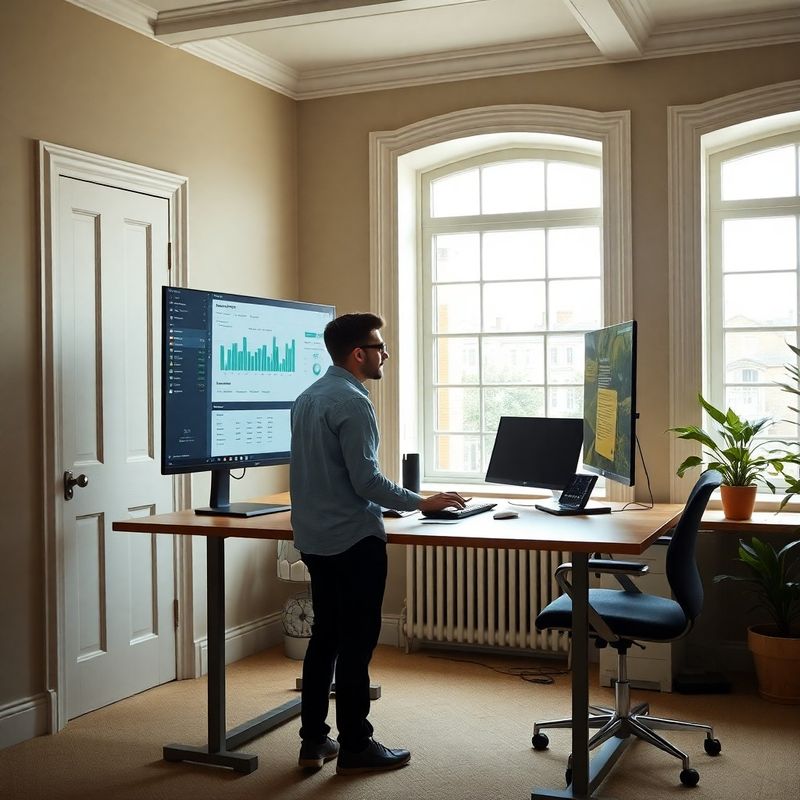 Developer reviewing a real-time analytics dashboard at a standing desk in a sand-olive toned office