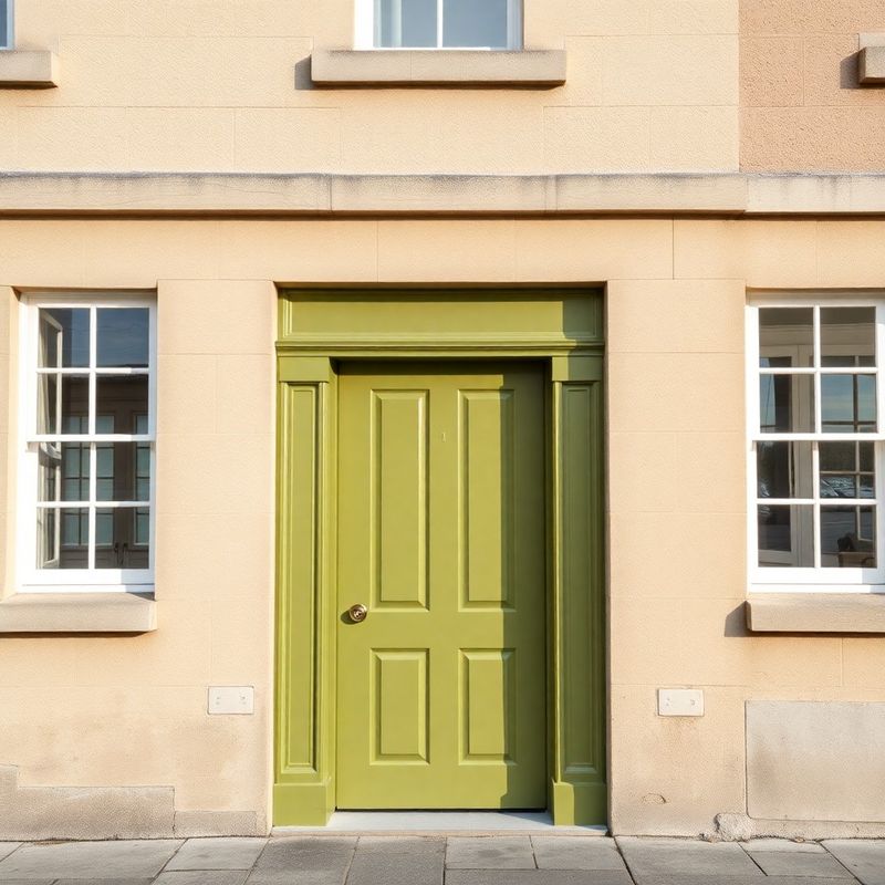 Georgian-era quayside building in Waterford in soft morning Atlantic light, sand-coloured stonework with olive-painted door