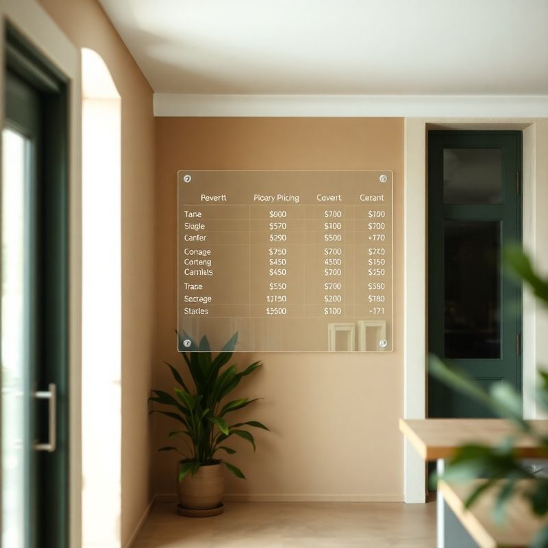 Minimal sand-olive workspace with a transparent pricing board in soft morning light